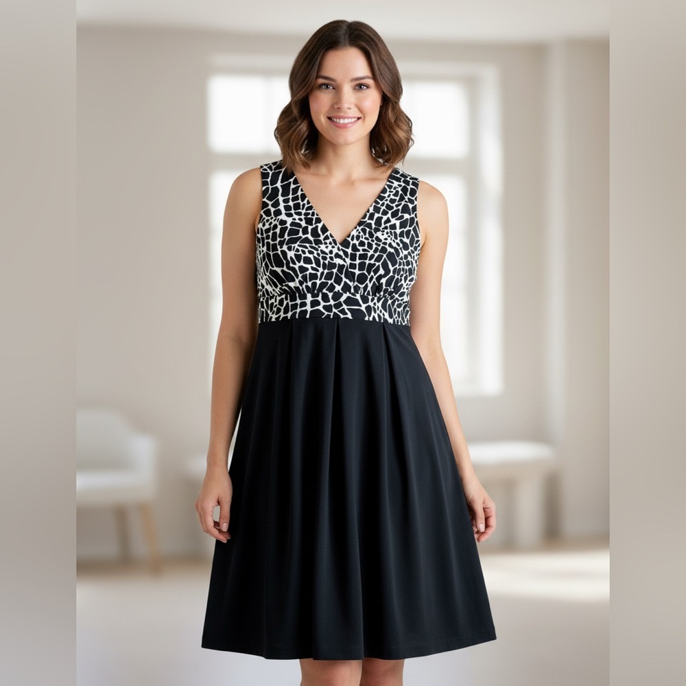 En Focus Black White Animal Print Dress V Neck sz 14 sleeveless spandex tie back